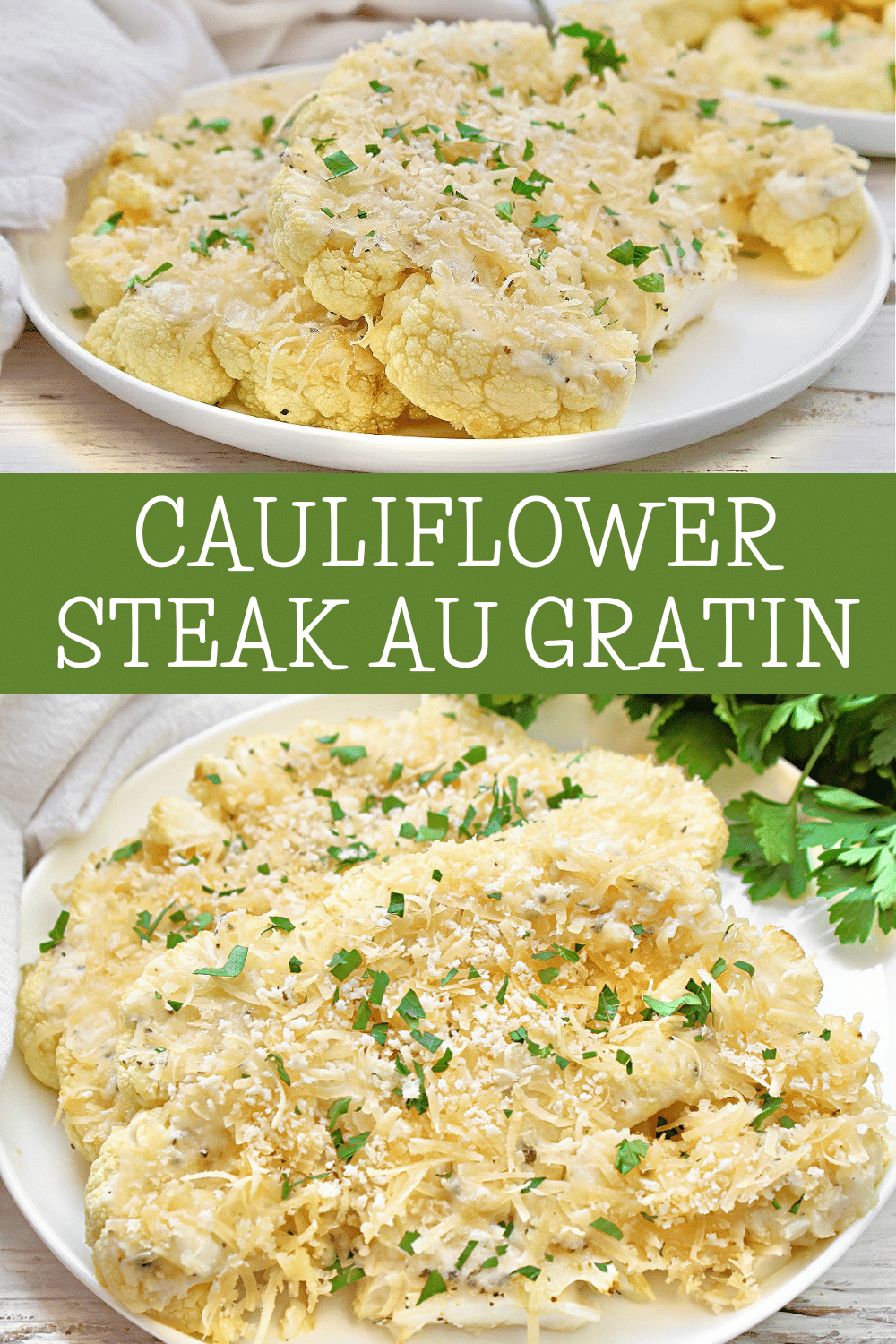 Cauliflower Steak Au Gratin ~ Savory roasted cauliflower generously layered with dairy-free Boursin and Parmesan cheeses and sprinkled with breadcrumbs. via @thiswifecooks