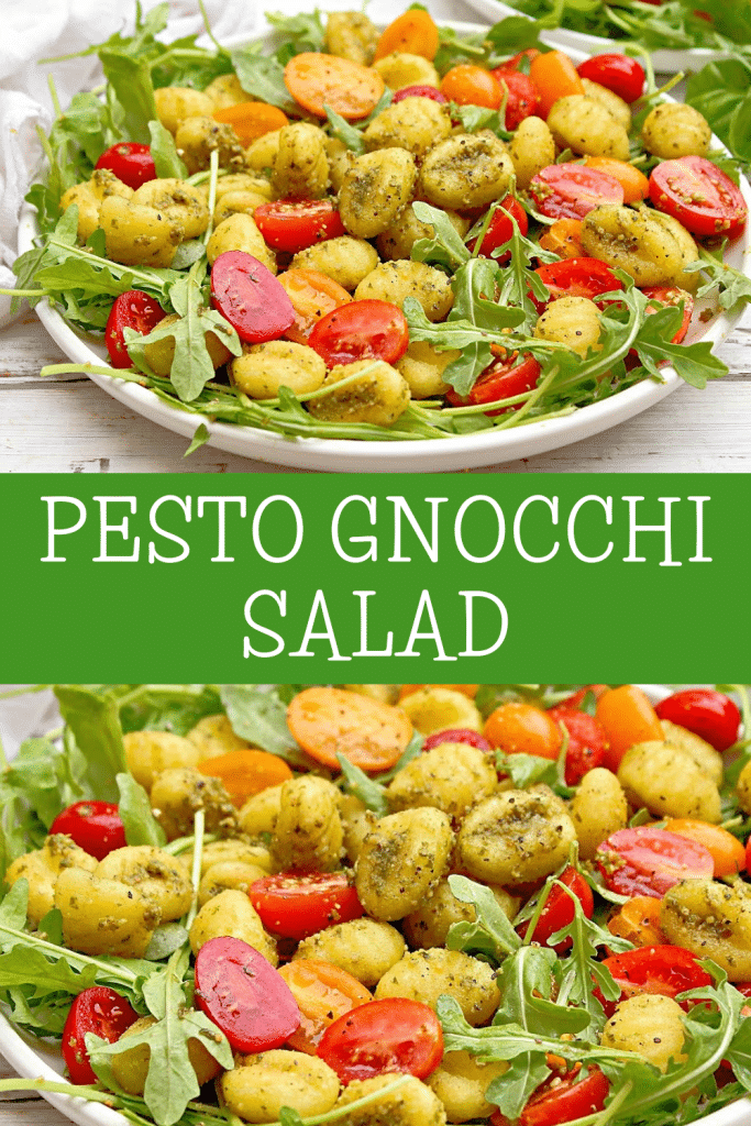 Roasted gnocchi coated in Homemade Basil Pesto and served over a bed of peppery arugula with bright cherry tomatoes.