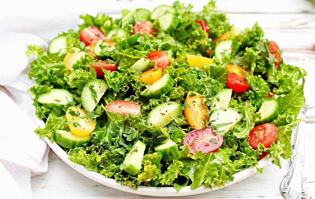 Garden Kale Salad ~ Simple kale salad with lemon vinaigrette and garden-fresh vegetables. Easy to make and ready in minutes!