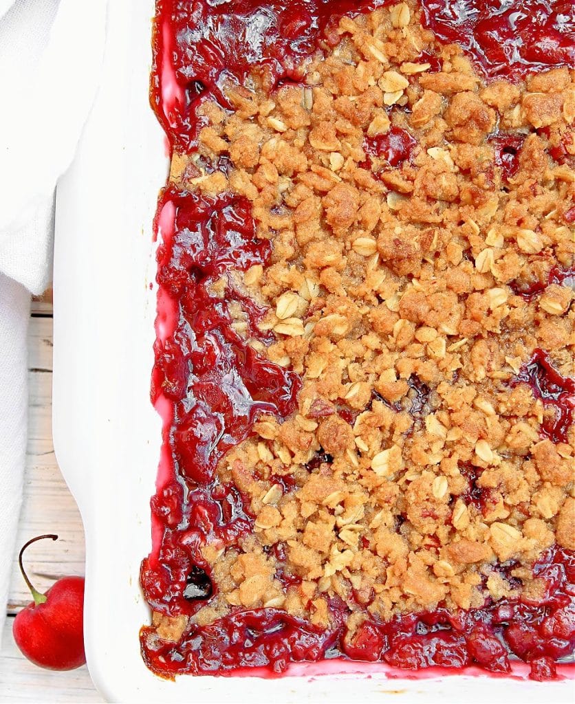 Fresh Cherry Crumble ~ This easy crumble dessert made with freshly picked cherries will charm your guests with its flavor and simplicity!