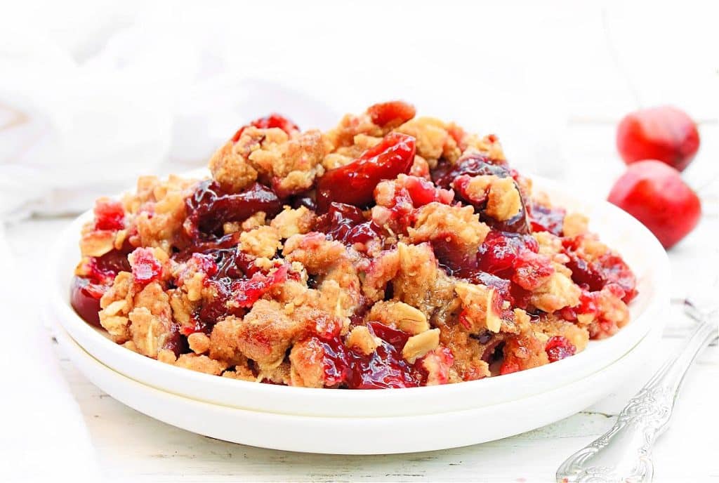 Fresh Cherry Crumble ~ This easy crumble dessert made with freshly picked cherries will charm your guests with its flavor and simplicity!