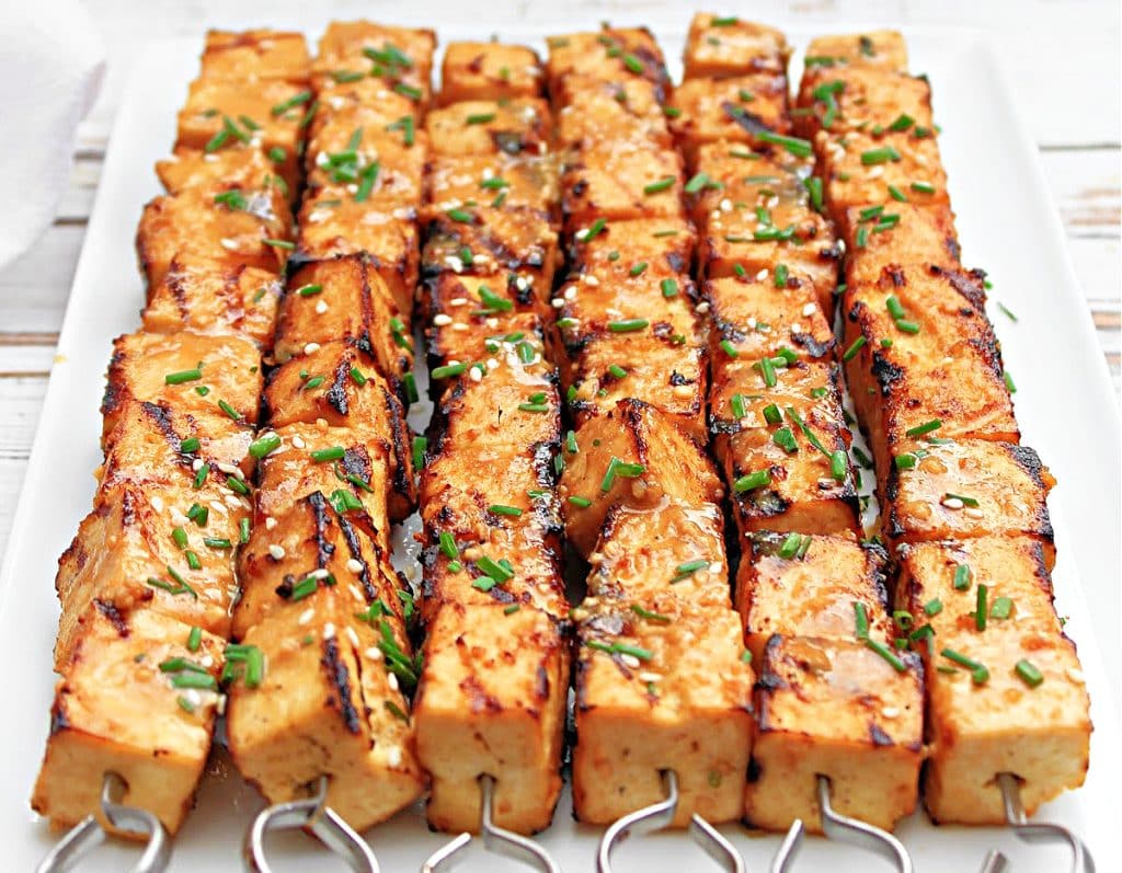Miso Grilled Tofu Dengaku ~ Tofu skewers marinated in an umami-rich miso sauce and grilled to smoky perfection!