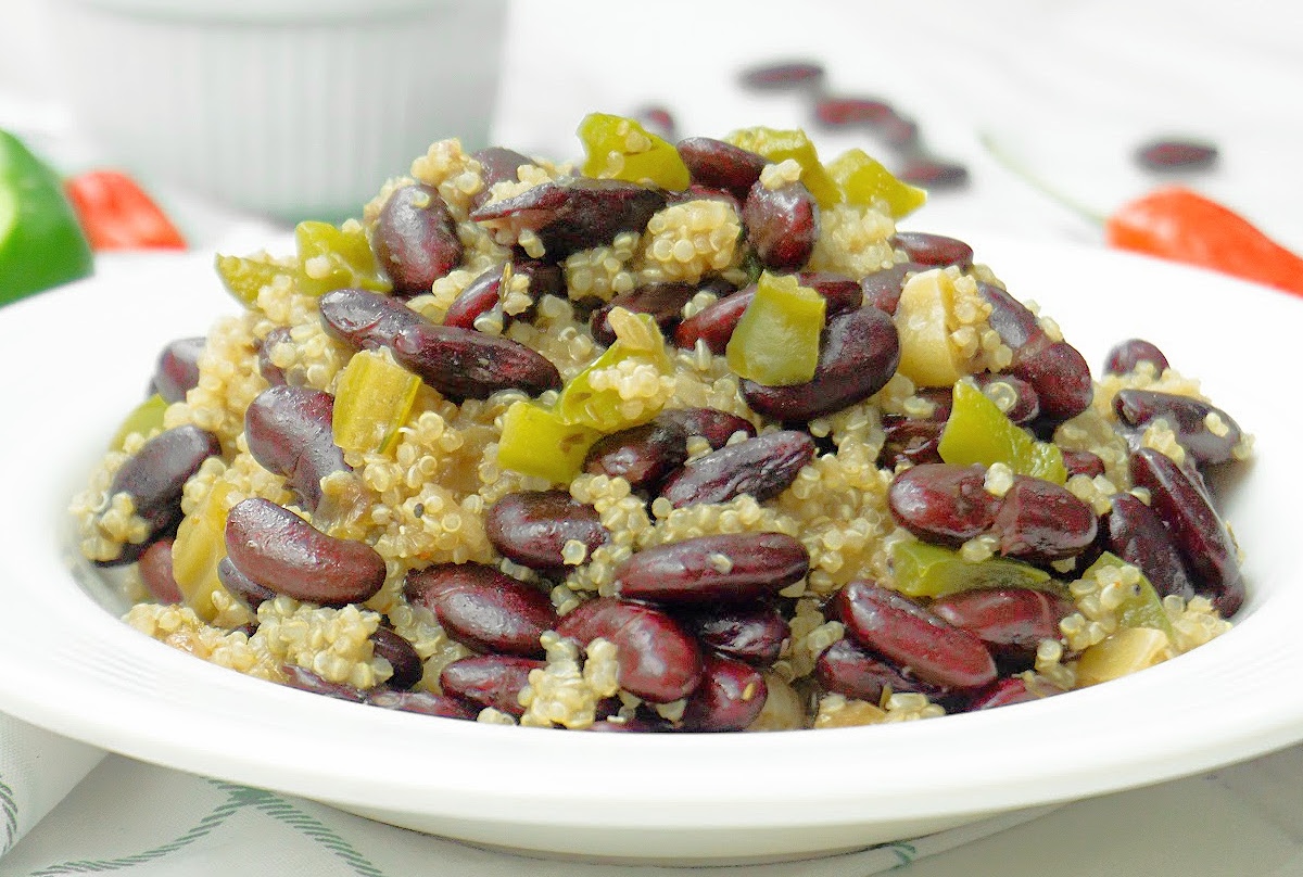 Quinoa and red beans, a modern twist on classic comfort. Pair with Collard Greens and Vegan Cornbread for a Southern-inspired weeknight delight."