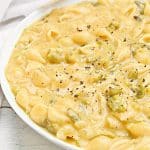 Green Chile Pasta ~ Tender pasta shells coated in a creamy cheese sauce infused with the subtle heat of green chiles. Easy weeknight dinner!