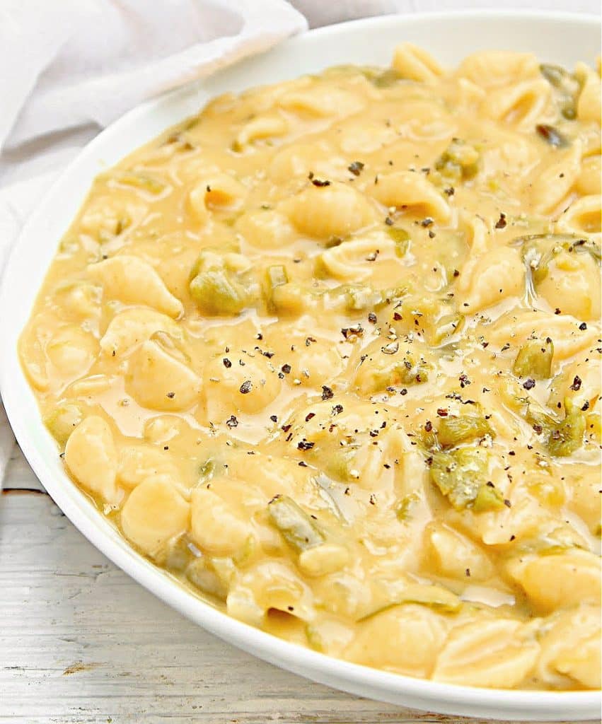 Green Chile Pasta ~ Tender pasta shells coated in a creamy cheese sauce infused with the subtle heat of green chiles. Easy weeknight dinner!