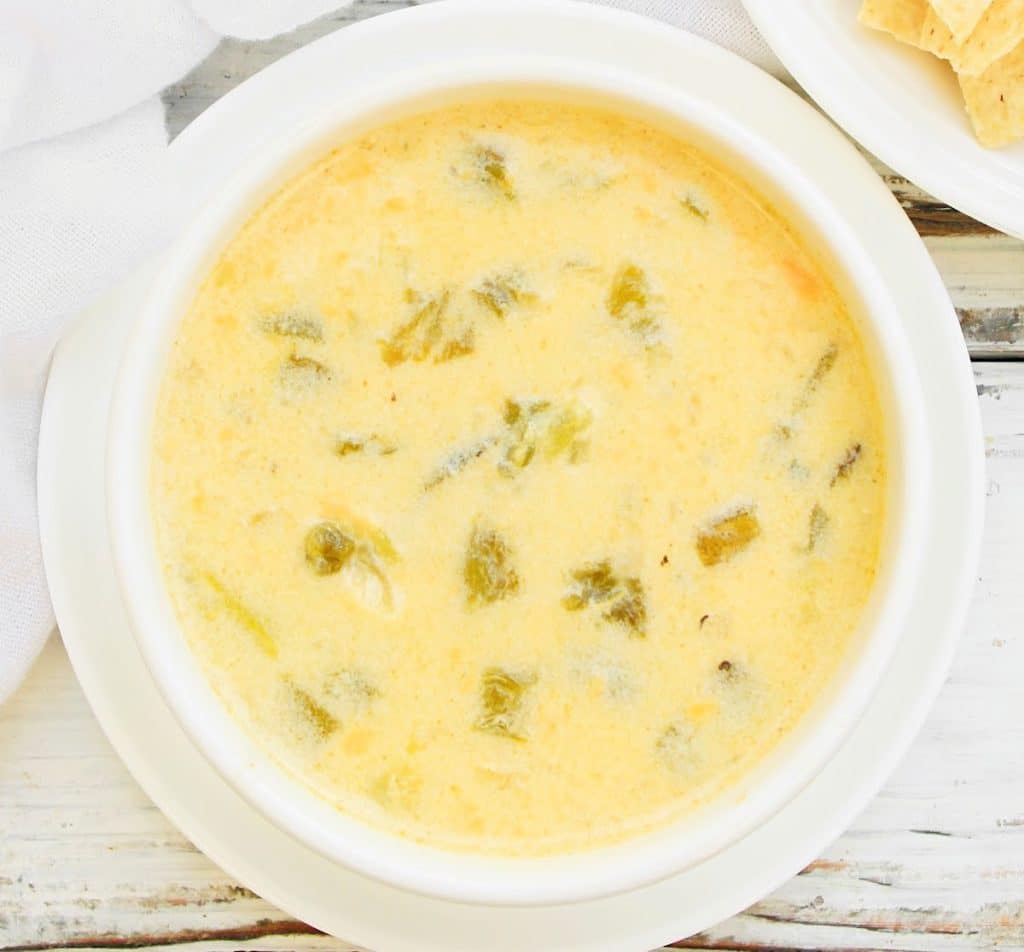 Green Chile Cheese Soup ~ Easy Vegetarian and Vegan Recipe ~ Rich and spicy soup featuring fire-roasted green chiles and cheddar cheese!