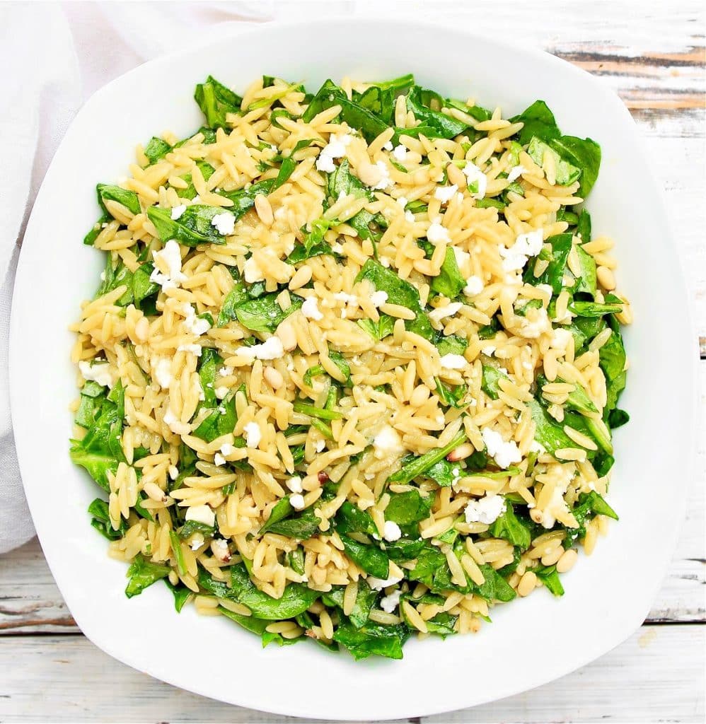 Spinach Orzo Salad ~An easy and versatile Mediterranean-inspired orzo pasta salad made with a medley of fresh ingredients and pantry staples.