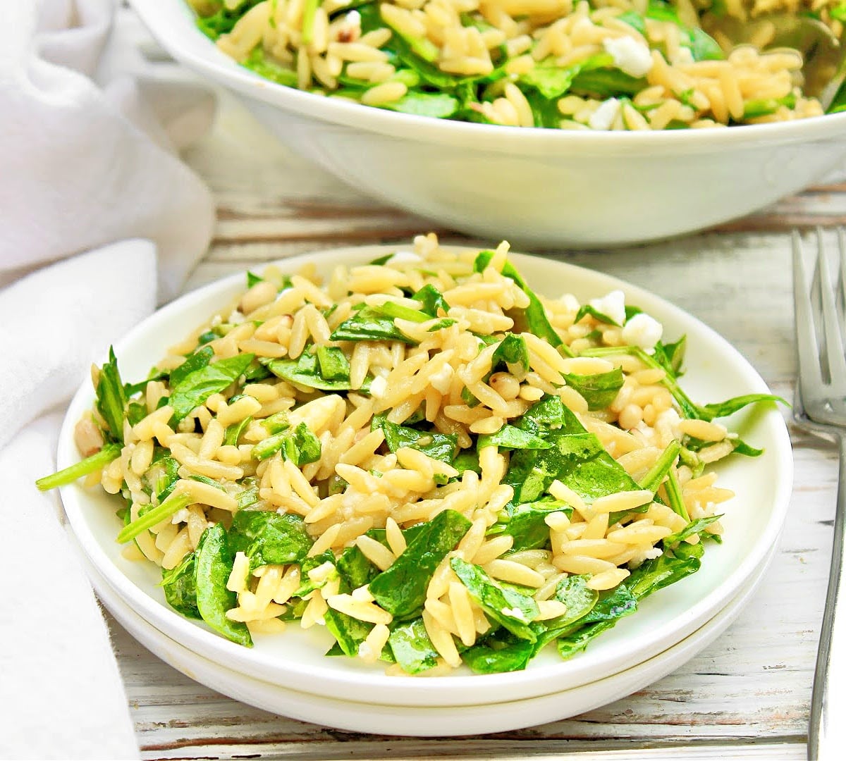 Spinach Orzo Salad ~An easy and versatile Mediterranean-inspired orzo pasta salad made with a medley of fresh ingredients and pantry staples.