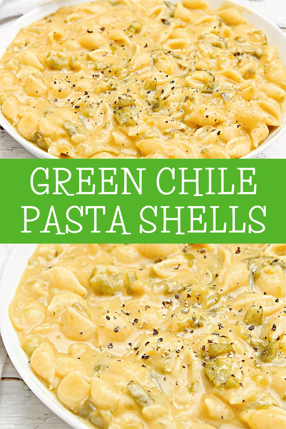 Green Chile Pasta ~ Tender pasta shells coated in a creamy cheese sauce infused with the subtle heat of green chiles. Easy weeknight dinner! via @thiswifecooks
