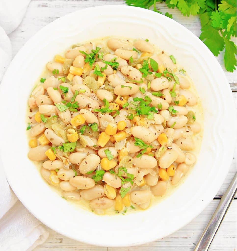 White Bean Chili ~ Creamy white beans with sweet corn, green chiles, and Southwest seasonings. Perfect for Game Day!