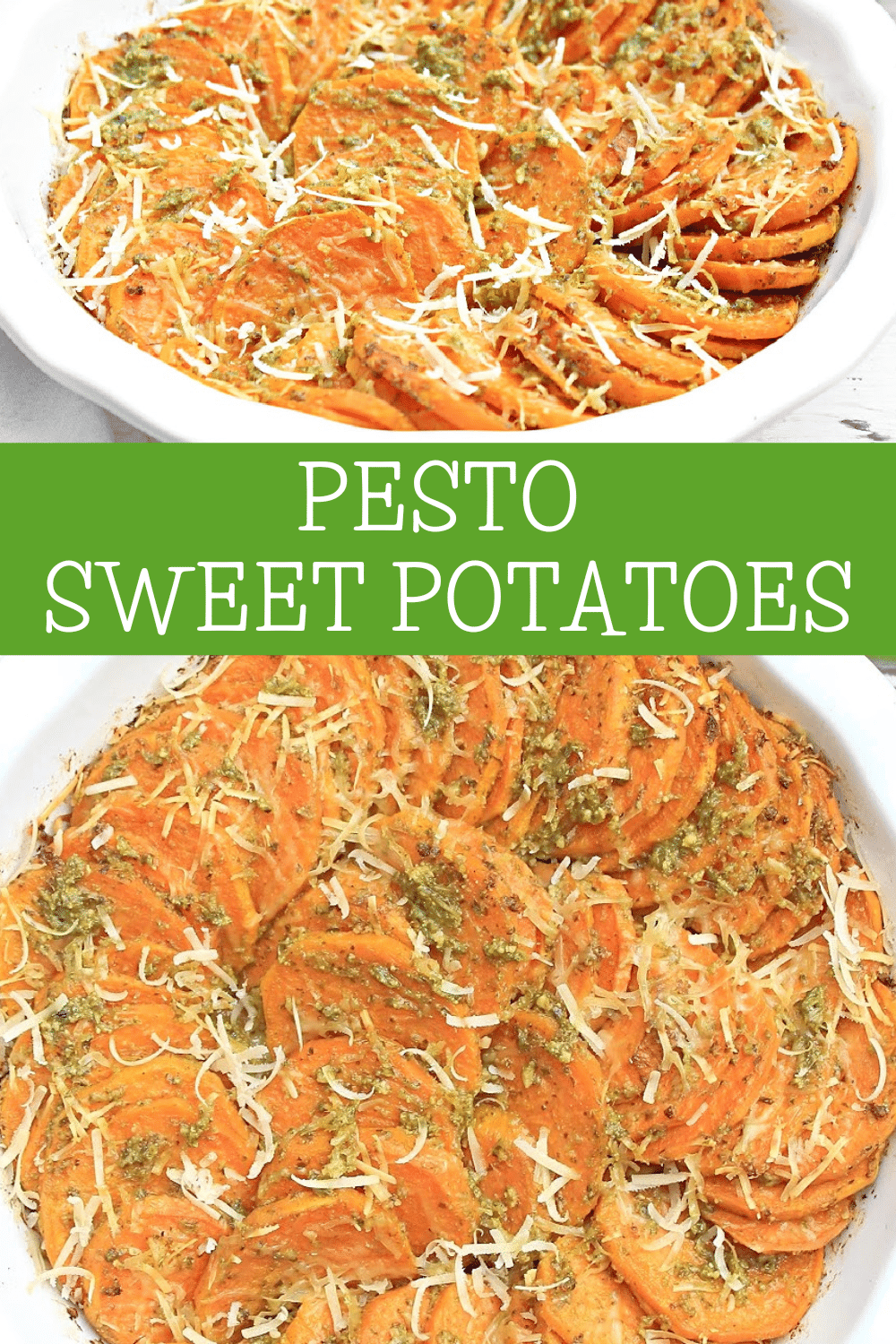 Pesto Sweet Potatoes ~ Thinly sliced sweet potatoes tossed in basil pesto and Parmesan cheese. Perfect for Thanksgiving or Christmas dinner! via @thiswifecooks