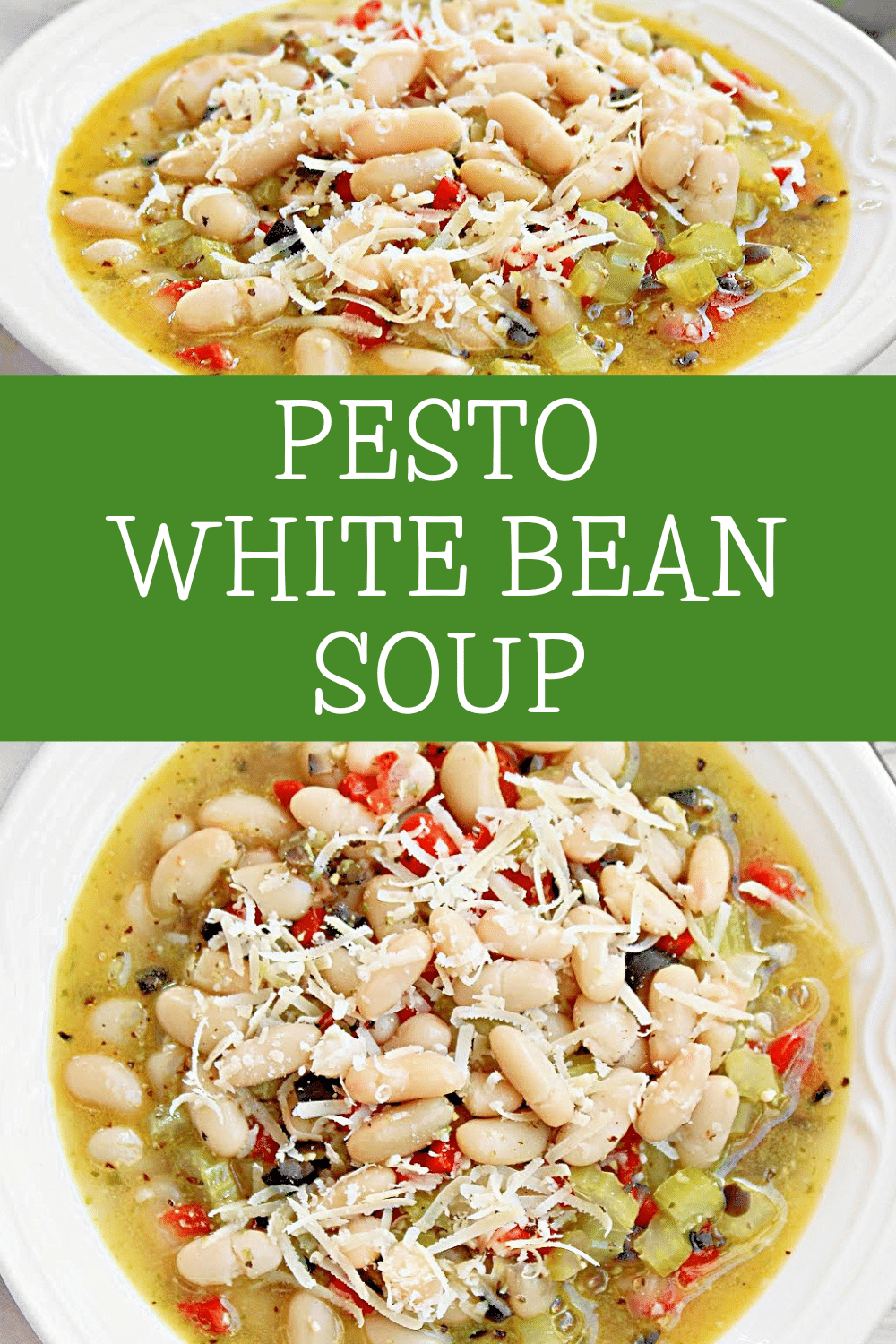 Pesto White Bean Soup ~ Hearty Italian-inspired soup that combines the creamy goodness of white beans with the zesty flavors of pesto. #plantbased #vegetarian #vegan via @thiswifecooks
