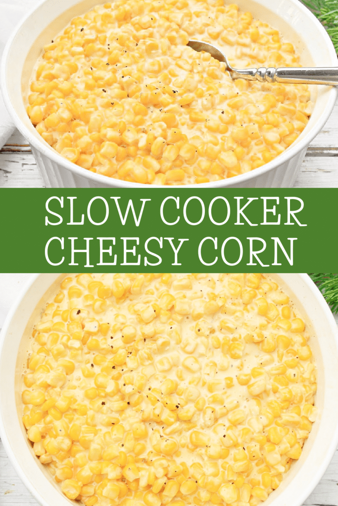 Slow Cooker Cheesy Corn ~ Creamy corn casserole that's always a crowd-pleaser! Ready to serve in 3-4 hours.