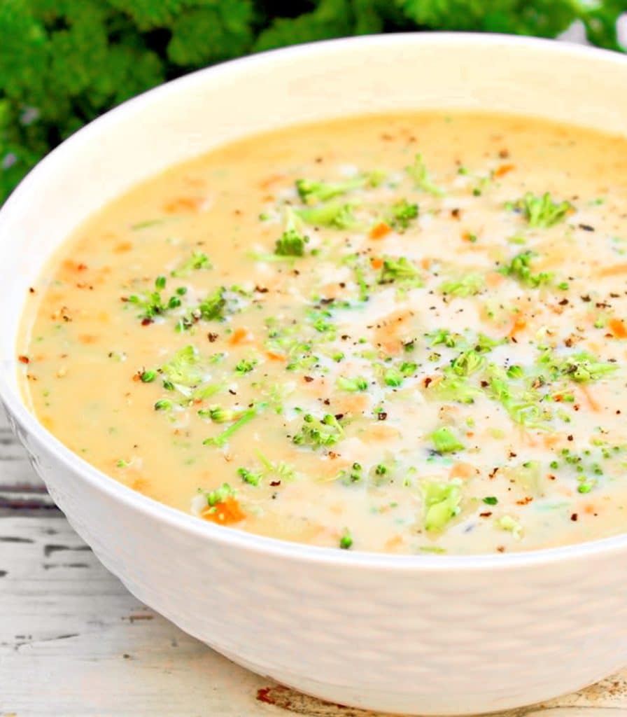 Broccoli Cheddar Soup ~ Easy and creamy soup packed with cheesy flavor! No cashews and no nutritional yeast!