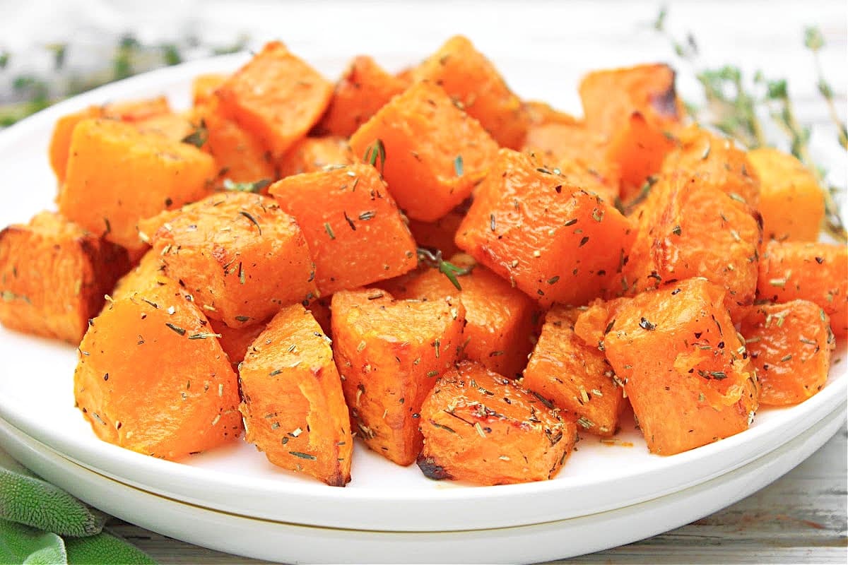 Herb Roasted Butternut Squash ~ Easy side dish with the savory flavors of fresh herbs and the natural sweetness of butternut squash. 