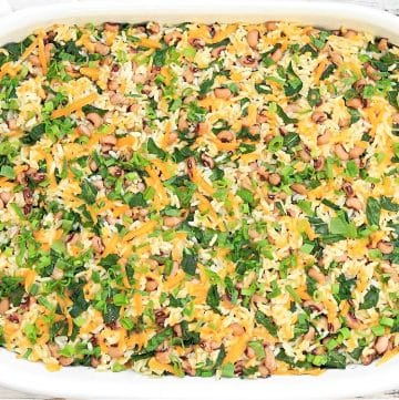 Black-Eyed Pea Casserole with Rice and Collard Greens ~ Easy to make and budget-friendly. Serve with homemade cornbread for New Year's Day!