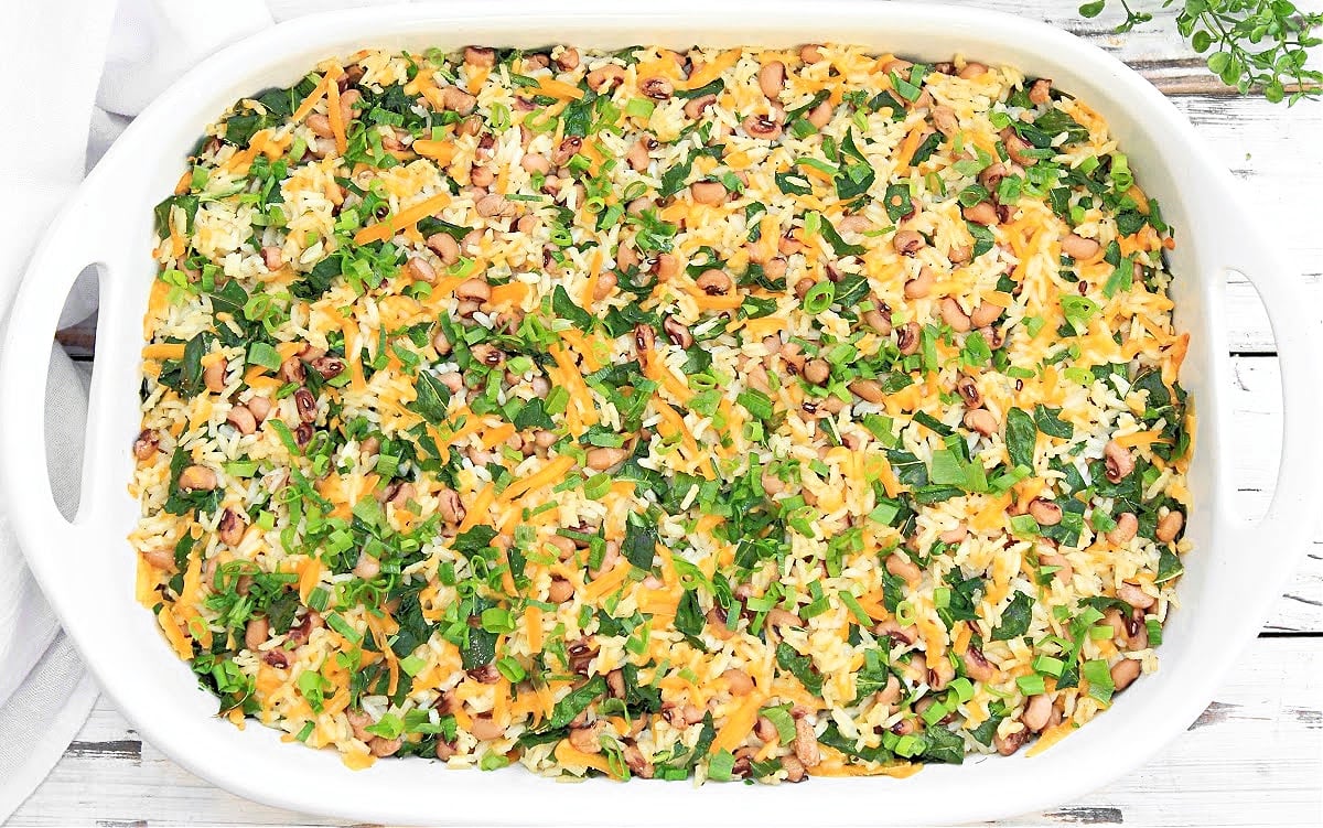 Black-Eyed Pea Casserole with Rice and Collard Greens ~ Easy to make and budget-friendly. Serve with homemade cornbread for New Year's Day!