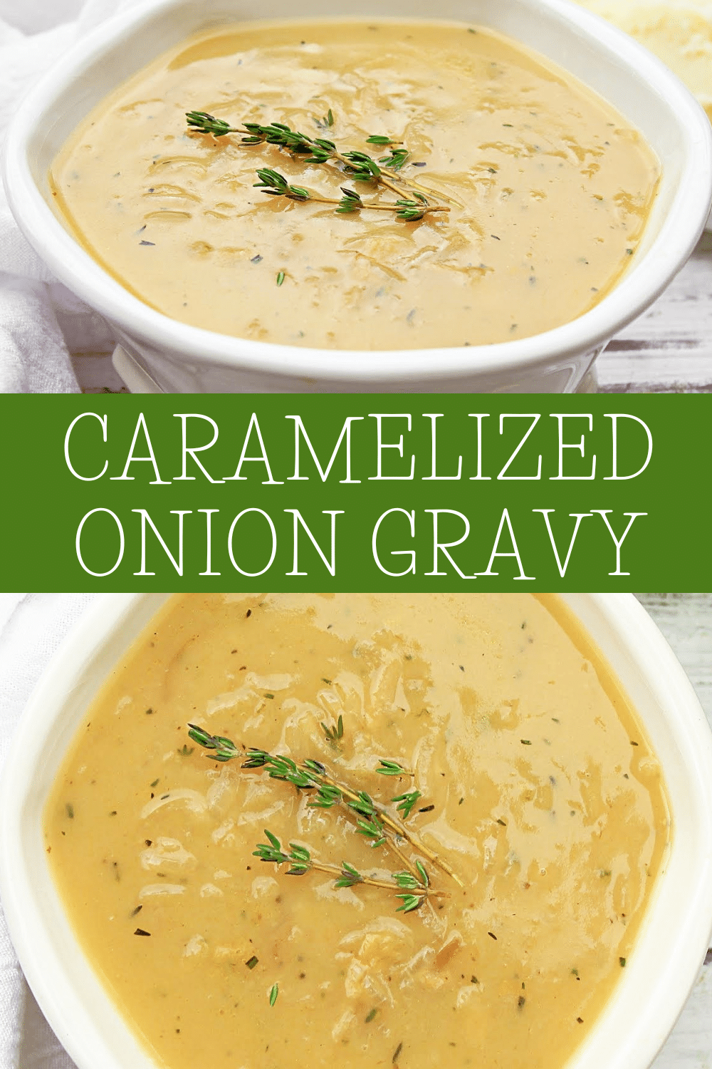 Caramelized Onion Gravy ~ Delicious onion gravy that's easy to make with simple plant-based ingredients! Serve over mashed potatoes for Thanksgiving or Christmas dinner!  via @thiswifecooks