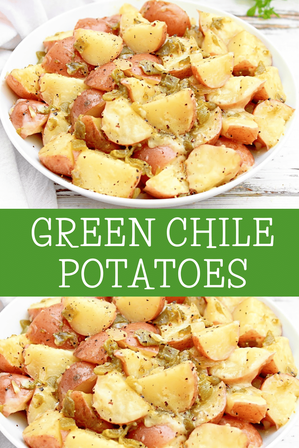 Green Chile Potatoes ~ Easy skillet side dish with cheesy potatoes and smoky green chile peppers. Ready in 20 minutes! via @thiswifecooks