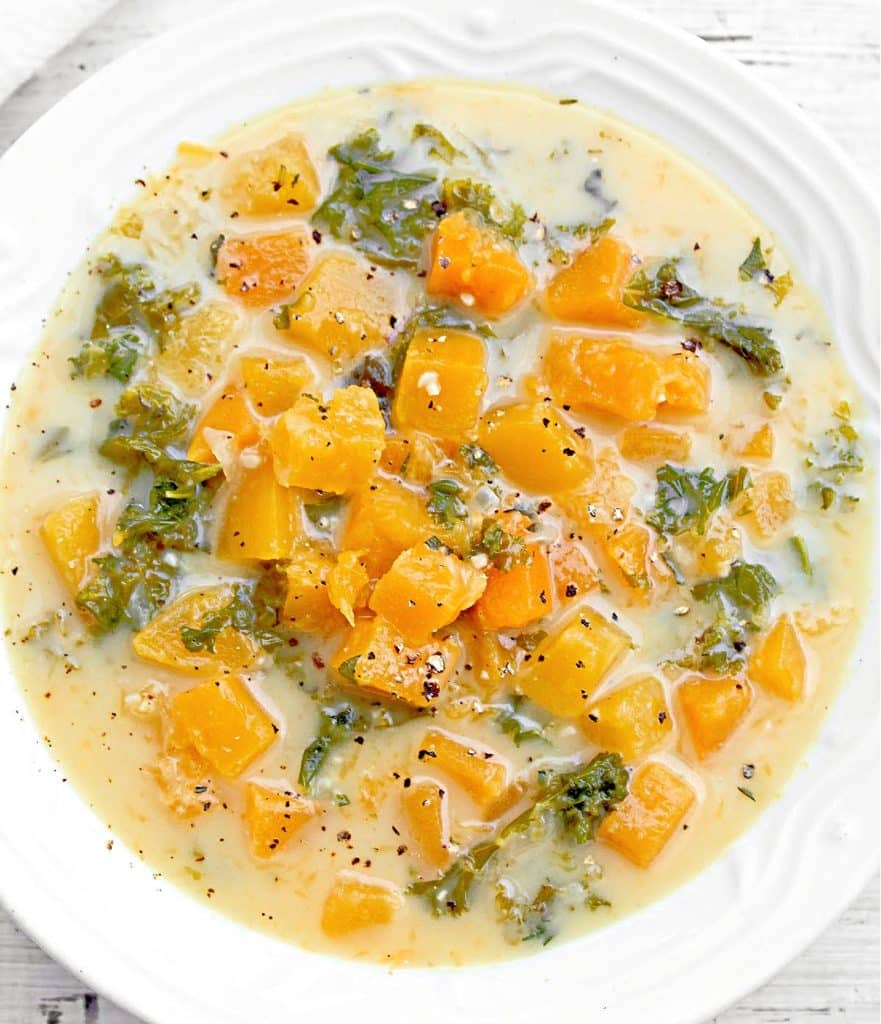 Butternut Squash and Kale Soup ~ A rich and comforting plant-based soup that's easy to make and packed with flavors of the season!