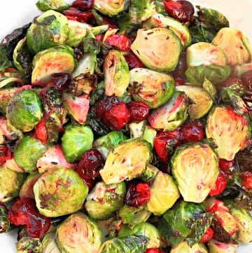 Roasted Cranberry Brussels Sprouts ~ Crispy Brussels sprouts roasted with tangy and sweet cranberries - an easy side dish for the holiday season!