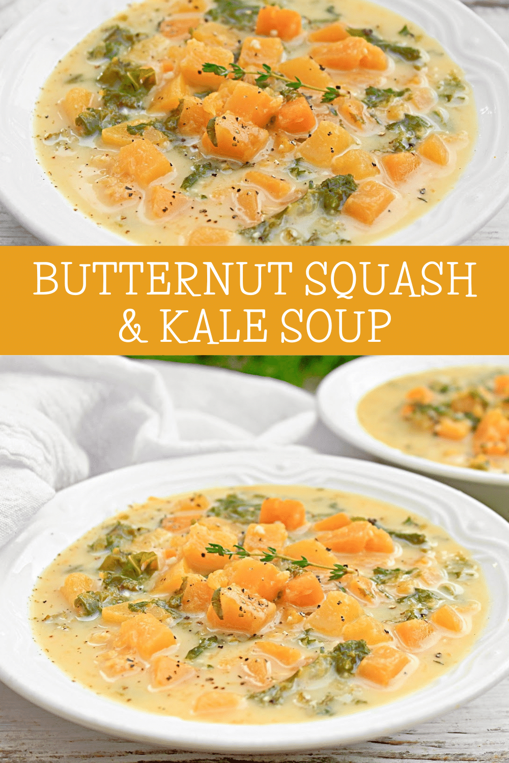 Butternut Squash and Kale Soup ~ A rich and comforting plant-based soup that's easy to make and packed with flavors of the season! via @thiswifecooks