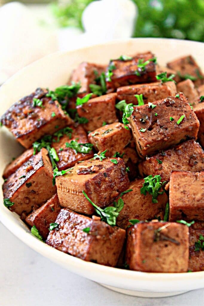 Balsamic Tofu ~ Extra-firm tofu marinated in a savory and tangy sauce then pan-fried until lightly crisp. Easy and perfect for meal prep!
