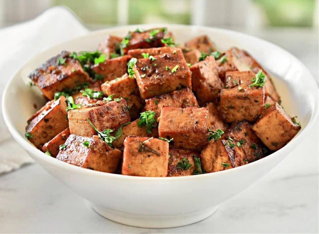 Balsamic Tofu ~ Extra-firm tofu marinated in a savory and tangy sauce then pan-fried until lightly crisp. Easy and perfect for meal prep!