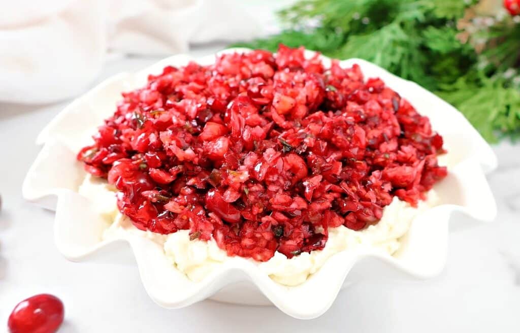 Cranberry Cream Cheese Dip ~ Whipped cream cheese topped with fresh cranberry salsa is the perfect holiday appetizer! Make it vegan or vegetarian.