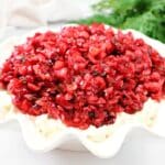 Cranberry Cream Cheese Dip ~ Whipped cream cheese topped with fresh cranberry salsa is the perfect holiday appetizer! Make it vegan or vegetarian.