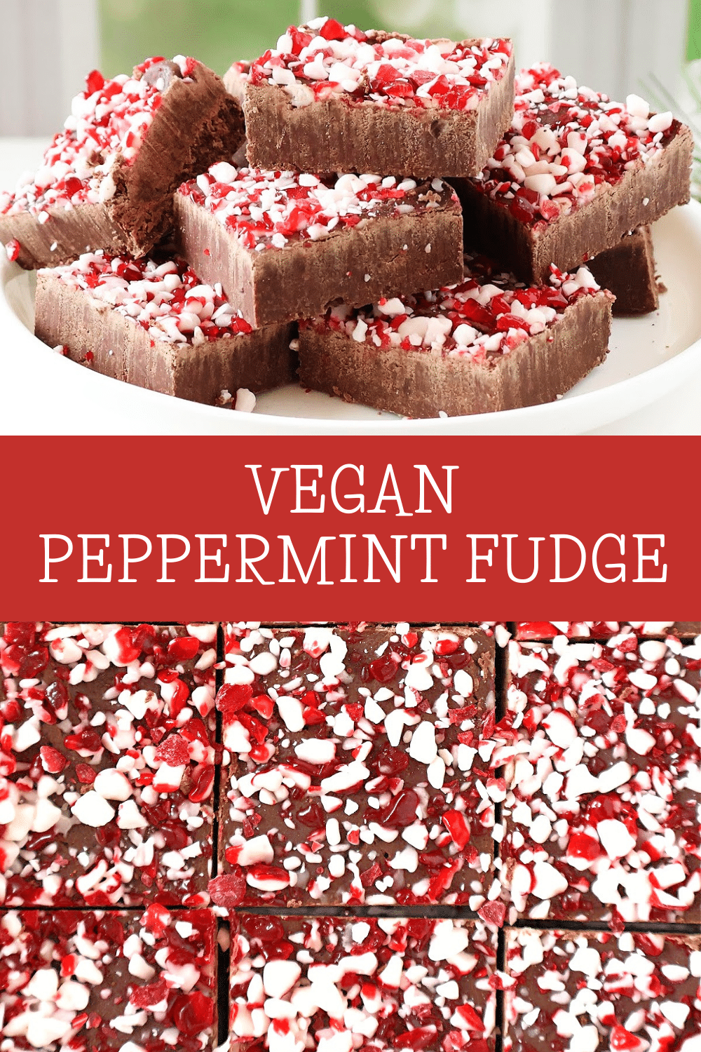 Vegan Peppermint Fudge ~ Rich chocolatey fudge topped with crushed candy canes. 3 simple ingredients are all you need! via @thiswifecooks