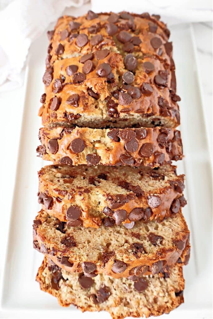 Chocolate Chip Banana Bread ~ Delicious vegan banana bread made with simple ingredients and studded with chocolate chips.