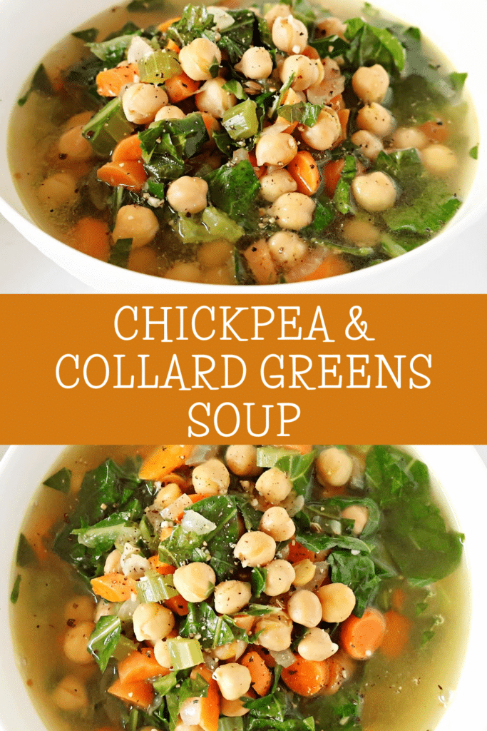 Chickpea and Collard Greens Soup – a quick and flavorful delight featuring tender chickpeas, vibrant collard greens, and aromatic spices in a savory broth. Ready in just 20 minutes, it's a wholesome and time-friendly choice for a delicious and comforting meal.