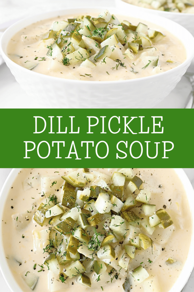 Dill Pickle Potato Soup ~ A cozy blend of creamy potatoes, tangy pickles, and melty cheddar cheese. Ready in 30 minutes or less!