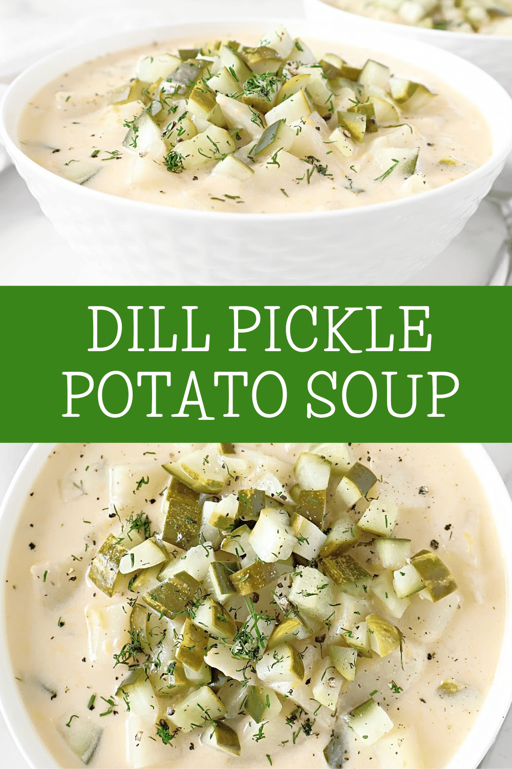 Dill Pickle Potato Soup ~ A cozy blend of creamy potatoes, tangy pickles, and melty cheddar cheese. Ready in 30 minutes or less! via @thiswifecooks