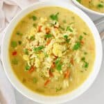 Mulligatawny Soup recipe! Packed with fresh veggies, fragrant rice, and aromatic Indian spices, this hearty dish is quick and easy to make. Serve with naan bread for a complete meal in just 30 minutes. Vegetarian and Vegan.
