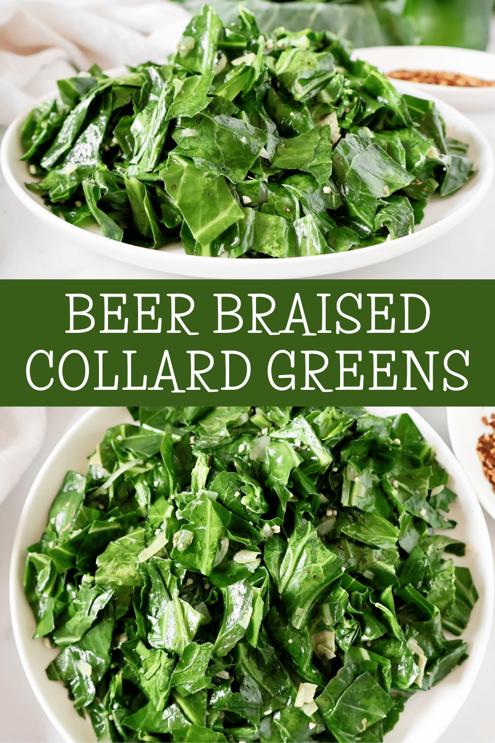 Beer Braised Collard Greens ~ Hearty greens slow-simmered in light beer with onions, garlic, and simple seasonings. Vegetarian and Vegan. via @thiswifecooks