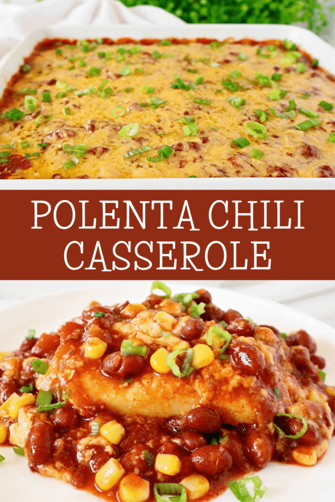 Polenta Chili Casserole ~ Creamy polenta, hearty chili, and melted cheese in an easy and comforting casserole.