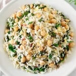 Chickpea Spinach Rice ~ Simple and flavorful rice dish featuring chickpeas, fresh spinach, zesty lemon, and aromatic dill.