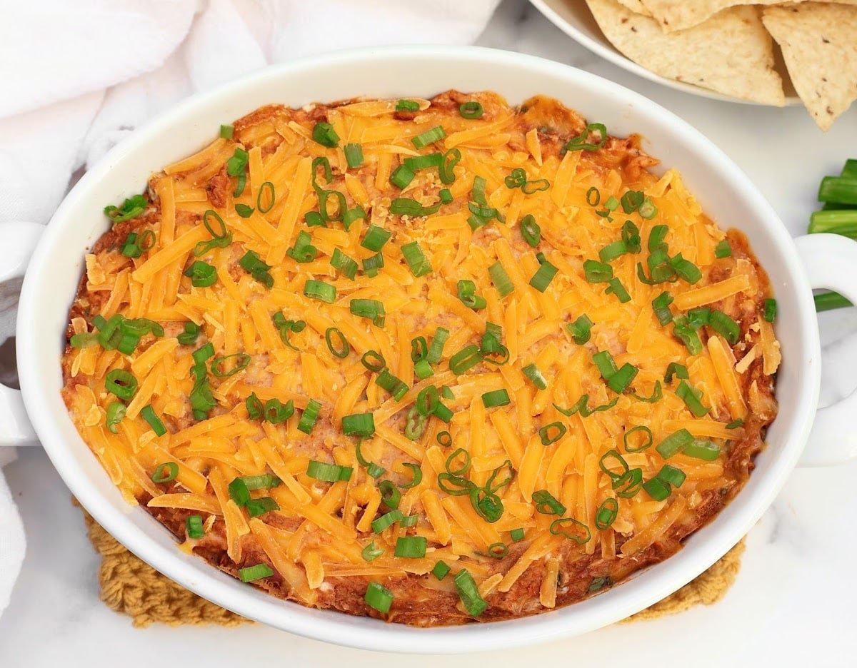 Baked Refried Bean Dip ~ Easy and cheesy bean dip.