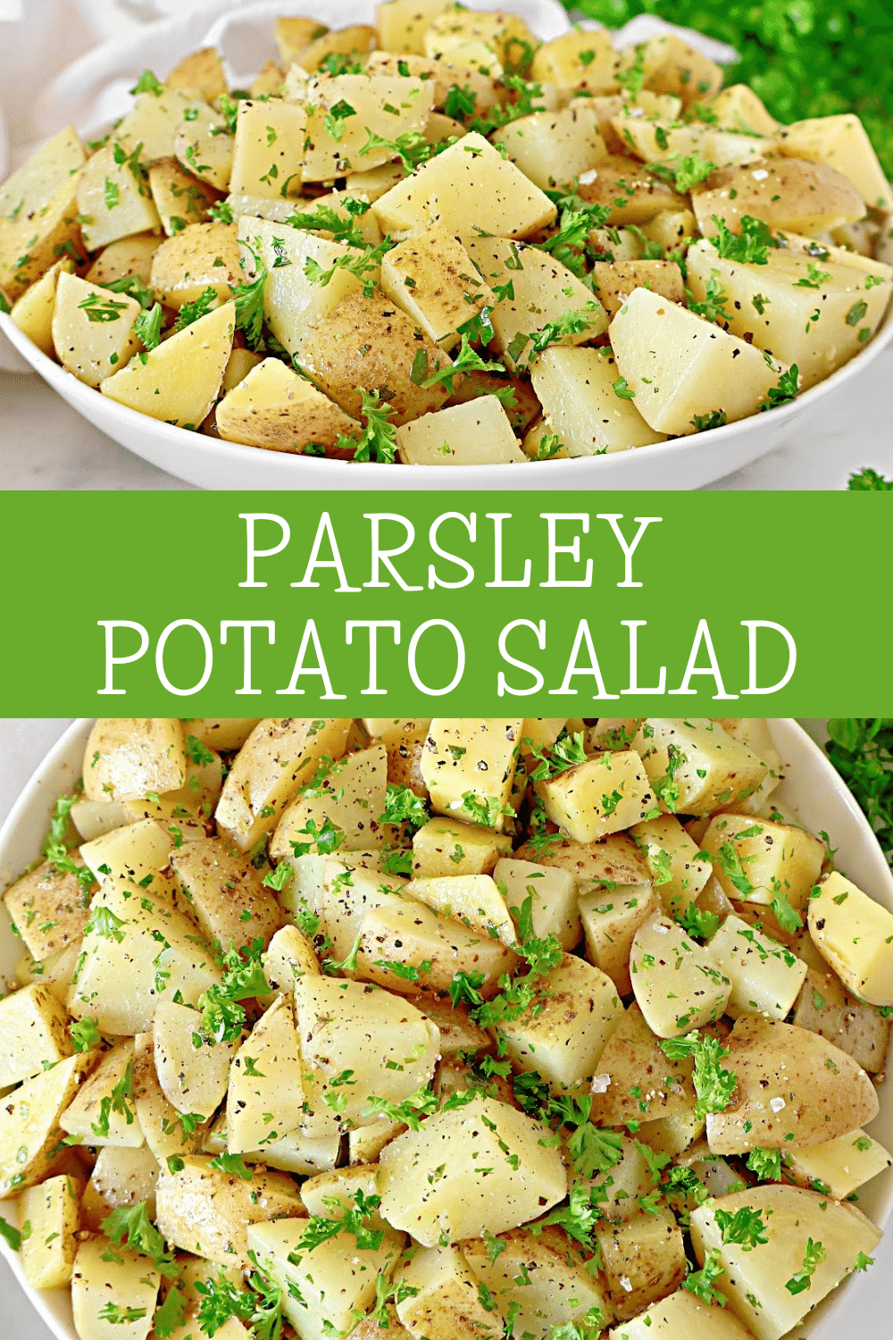 Parsley Potato Salad ~ Warm potatoes mixed with fragrant parsley and tangy oil and vinegar dressing. Quick and easy recipe. Vegetarian and Vegan. via @thiswifecooks