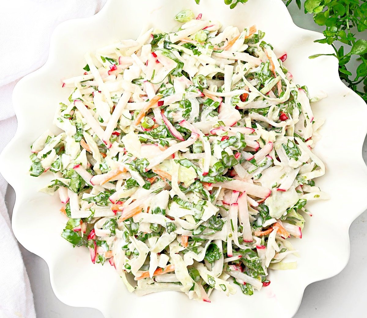 Cilantro Lime Slaw Radish Slaw ~ Easy green cabbage slaw with crunchy radishes and creamy cilantro lime dressing.