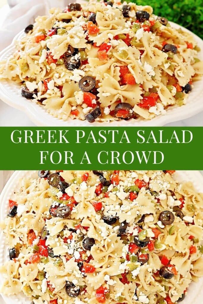 Greek Pasta Salad for a Crowd ~ Easy make ahead side dish with tender pasta, fresh veggies, tangy olives, and creamy feta cheese.