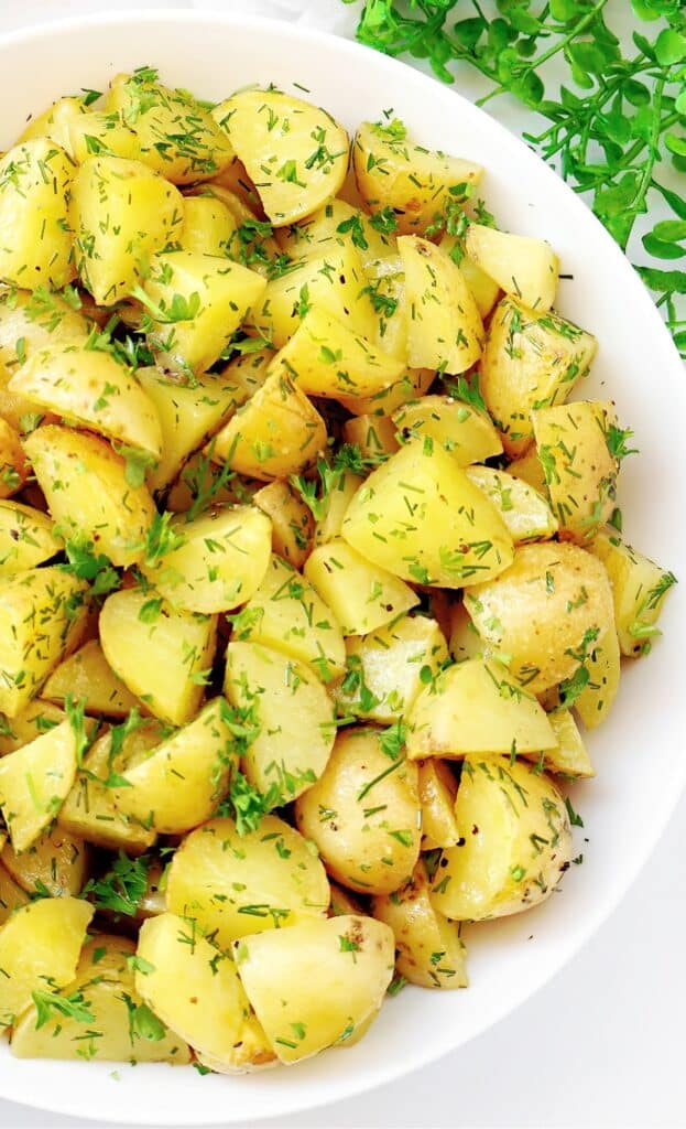 Fresh Herb Potato Salad ~ Roasted potatoes with simple seasonings and garden-fresh herbs. Naturally vegan.