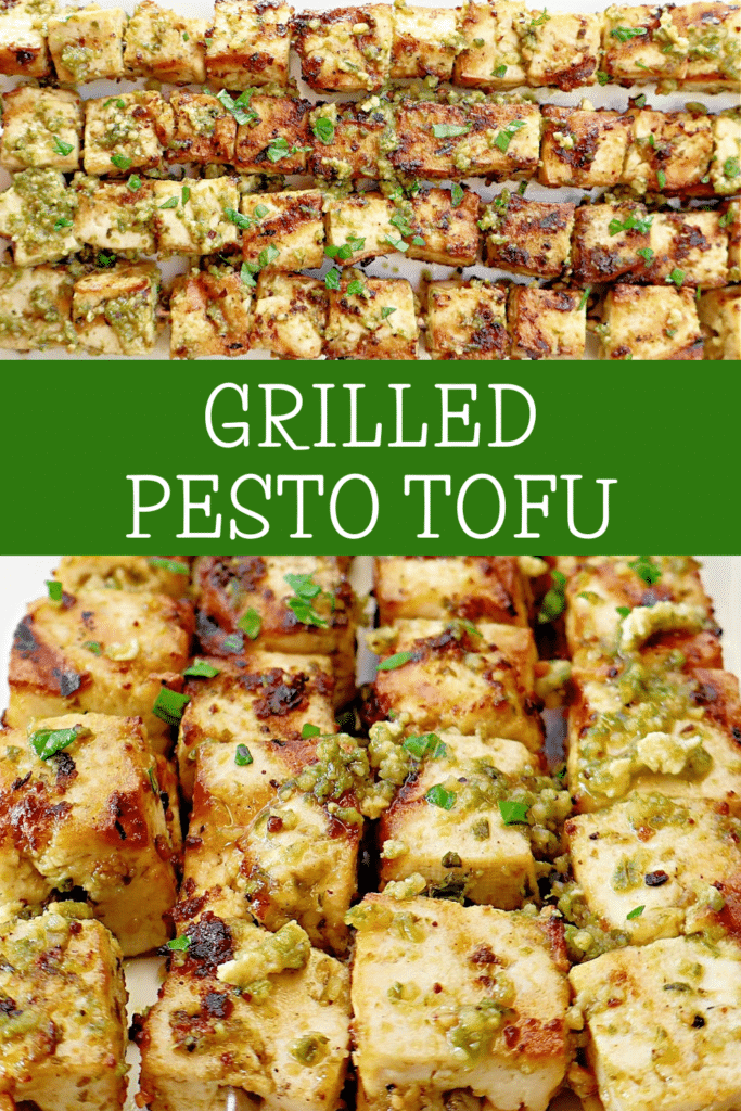 Grilled Pesto Tofu ~ Easy recipe for extra firm tofu marinated in Homemade Basil Pesto and grilled to perfection! Vegetarian and Vegan.