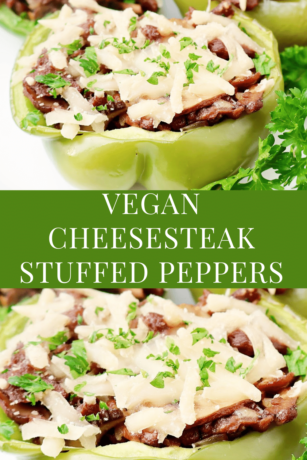 Vegan Cheesesteak Stuffed Peppers ~ Thin sliced vegan steak, sautéed mushrooms and onions, and melted cheese stuffed inside crisp green peppers and roasted to perfection. via @thiswifecooks