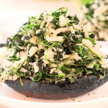 Spinach Stuffed Portobello Mushrooms ~  Tender portobello mushrooms filled with a savory mixture of spinach and cheese.