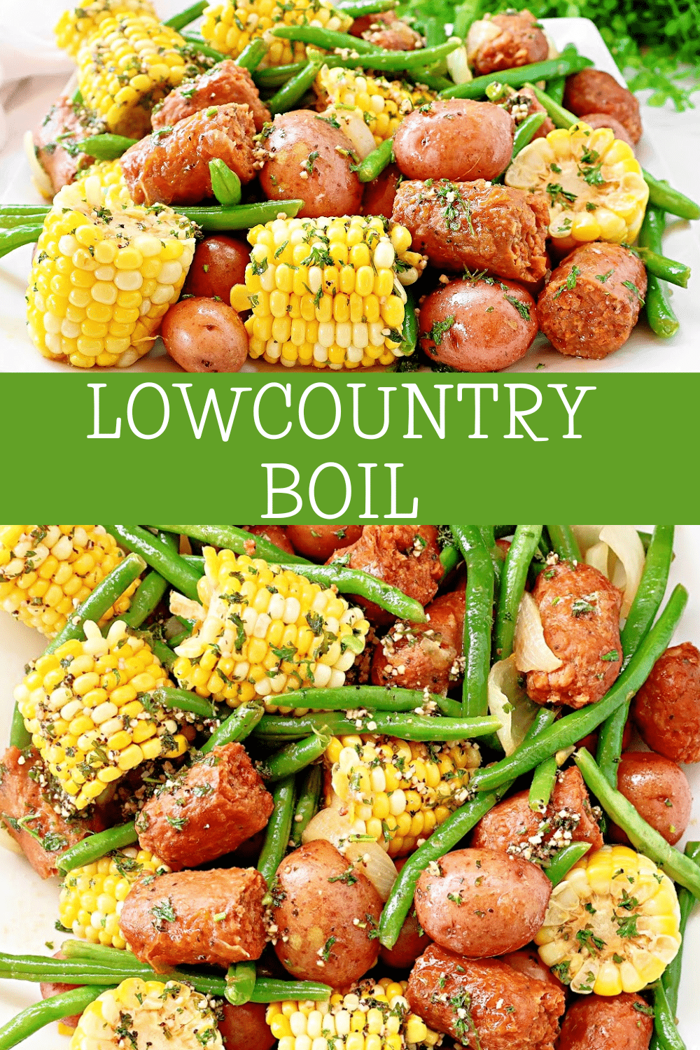 Lowcountry Boil ~ Southern-style feast with red potatoes, plant-based sausage, sweet corn, green beans, and aromatic spices, all drenched in garlic butter. via @thiswifecooks