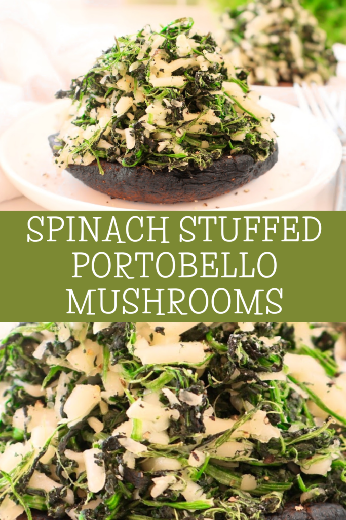 Spinach Stuffed Portobello Mushrooms ~  Tender portobello mushrooms filled with a savory mixture of spinach and cheese.