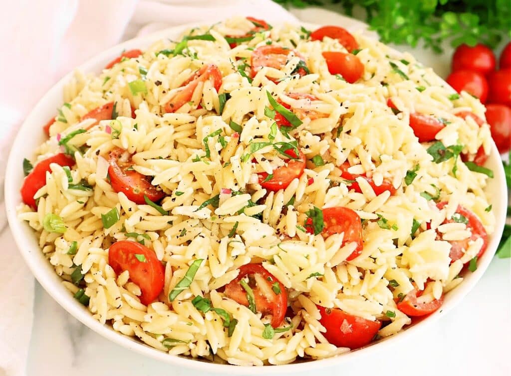 Tomato Orzo Salad ~ Quick and easy pasta salad with garden-fresh tomatoes and herbs in a light lemon dressing.